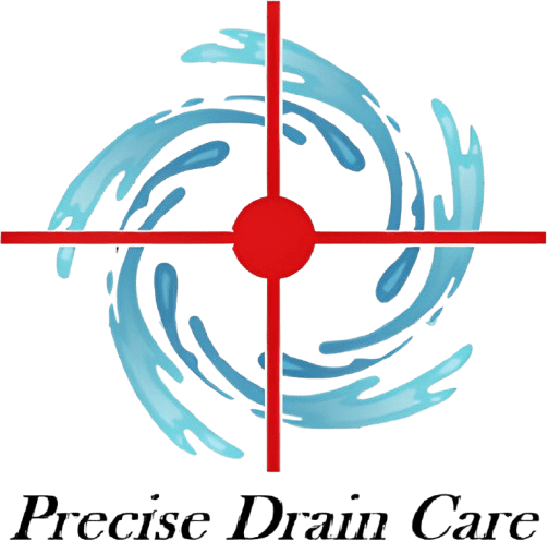 A red target symbol overlays a blue swirling wave design, with the text "Precise Drain Care" beneath.